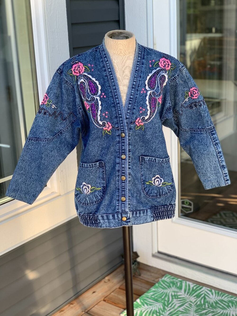 Vintage 80s Bomber Jean Jacket S Embroidered Denim Cottagecore Southwestern Coat